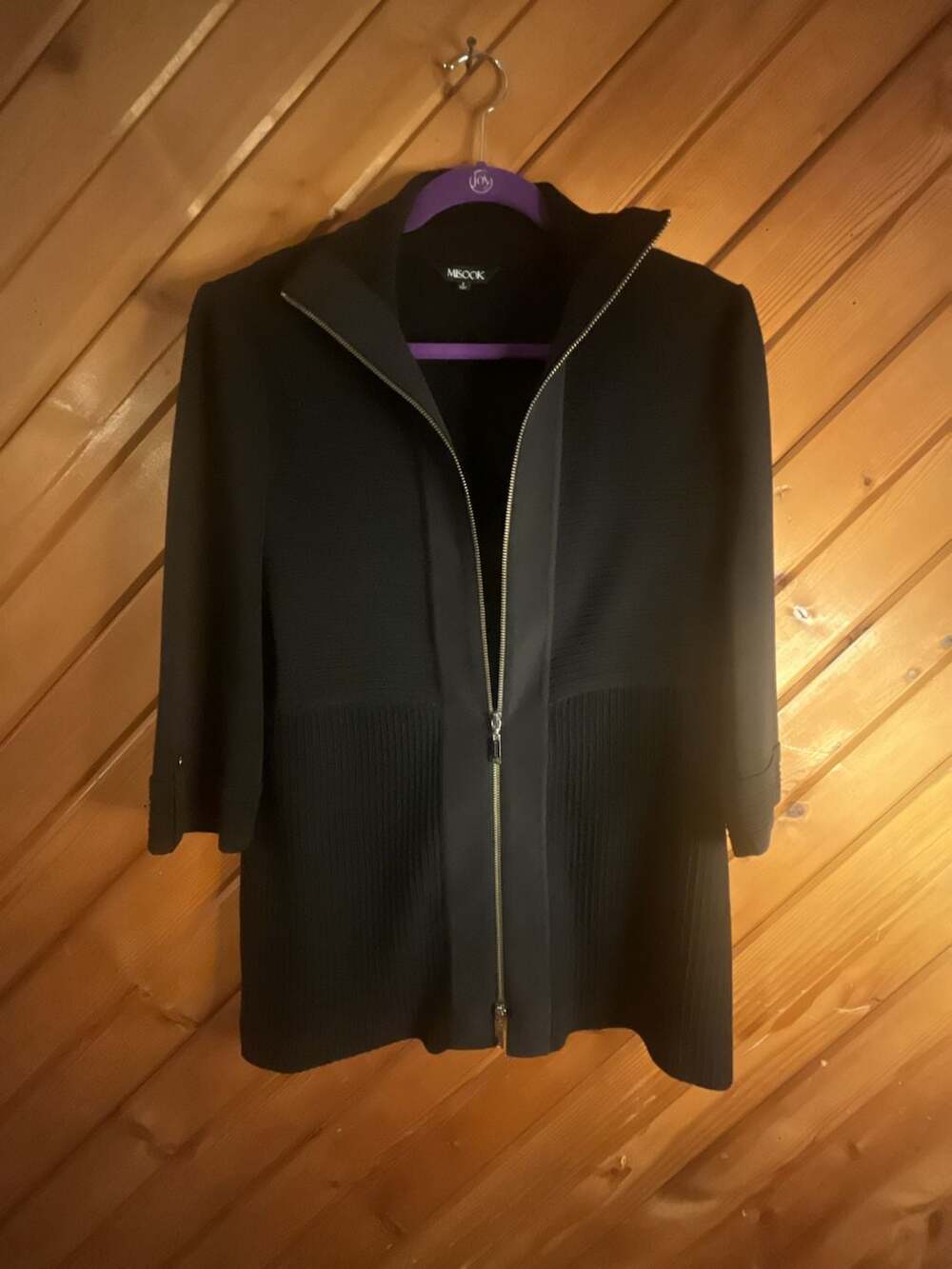 Misook Women's Black Full-Zip Ribbed Knit Jacket with Three-Quarter Sleeves